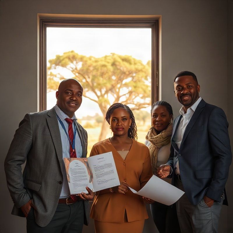 Small professional team of three in a slate-grey Garissa office reviewing a printed risk report