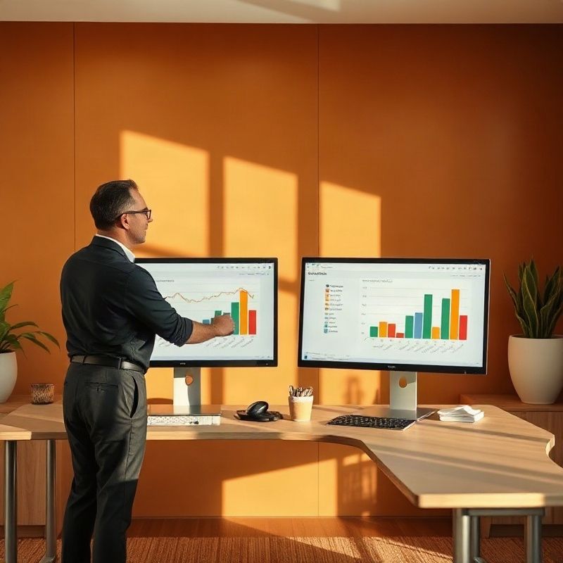 An adviser at a standing desk reviewing portfolio charts on dual monitors in a slate-professional office