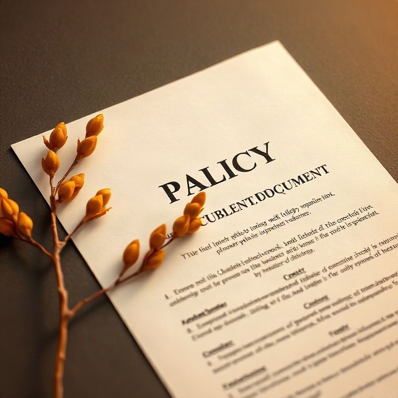 A policy document on a slate desk with an acacia branch beside it in golden light
